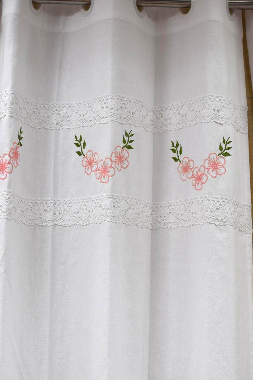 White Floral Embroidered Cotton Door Curtain with Lace Border – 4 x 7 ft