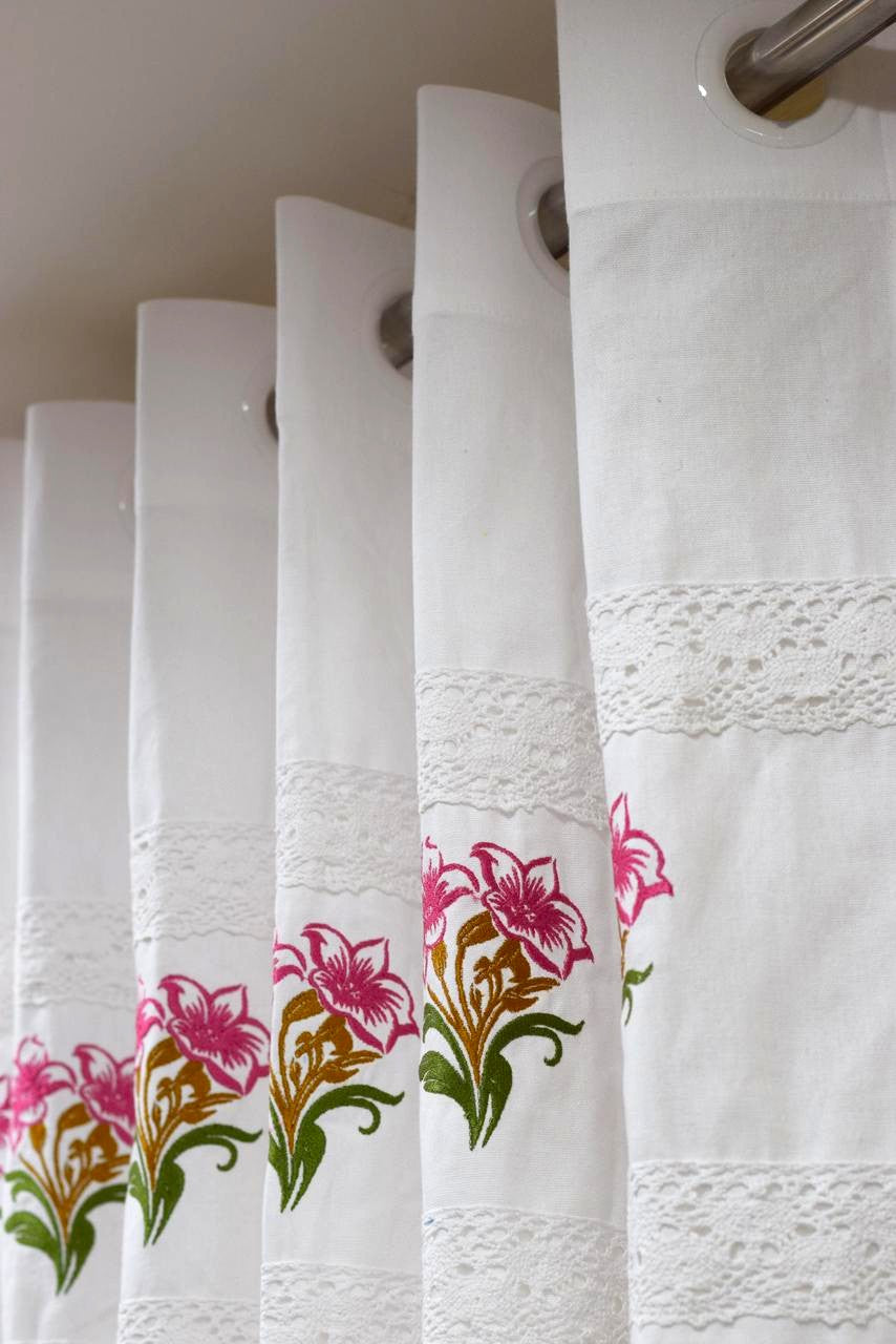 Floral Embroidered Cotton Door Curtain - Detail View - Cotton Floral Embroidered - Nushio