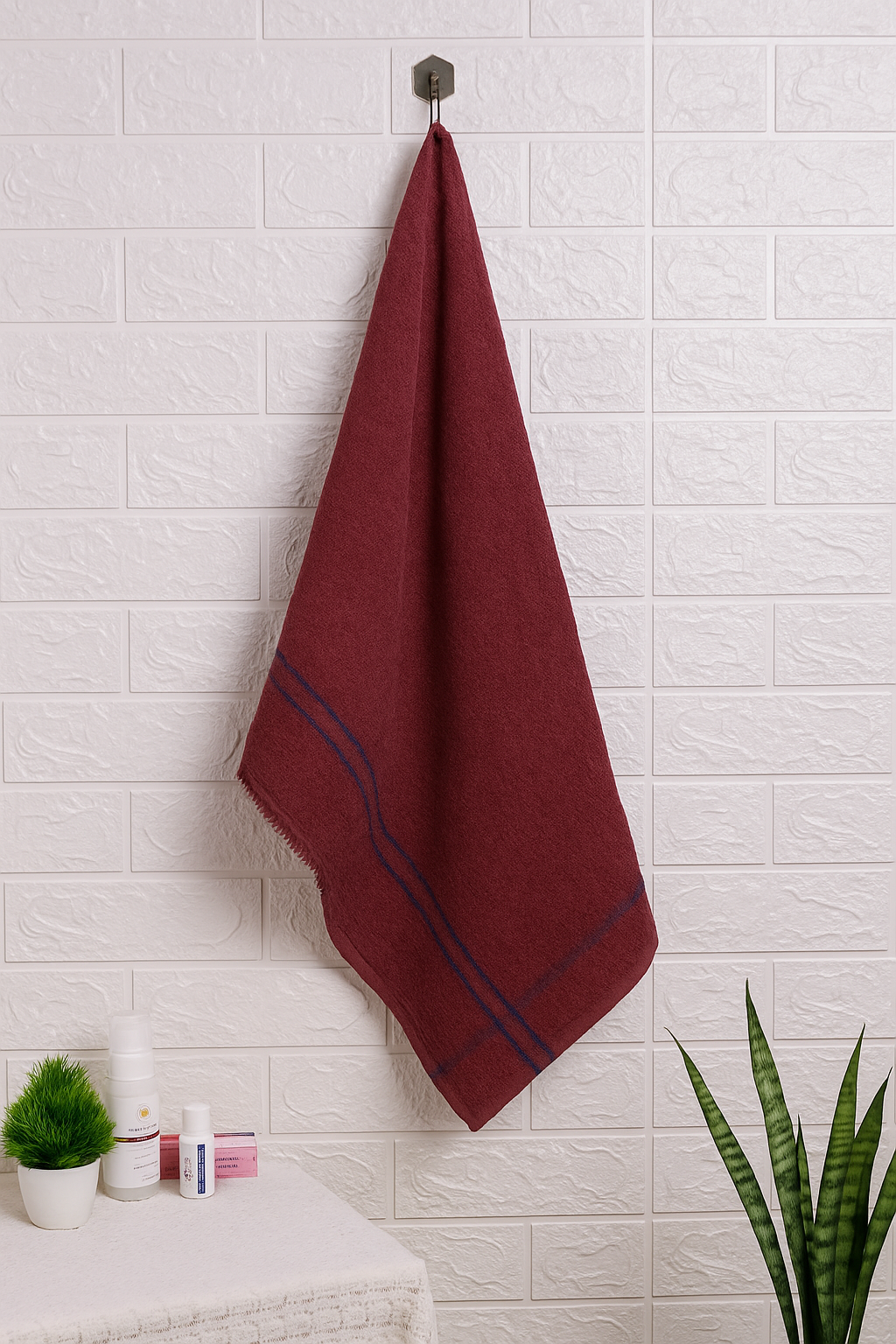Microfiber Hand Towel Set - White &Maroon with Striped Detail - View 3 - Nushio