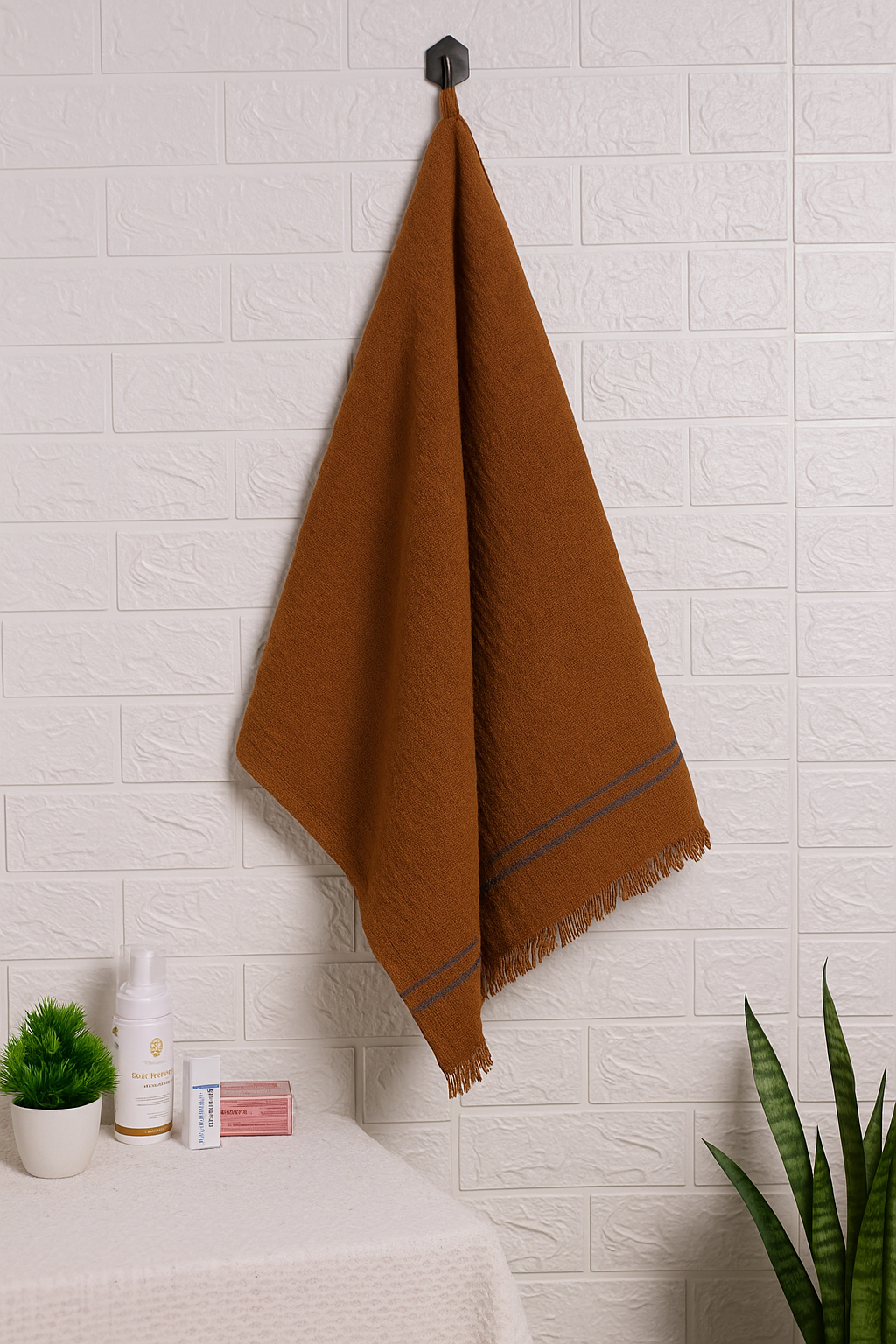Soft Touch Microfiber Hand Towel Set - Beige & Brown with Fringed Detail - Set of Two