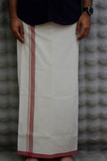 Traditional White Cotton Dhothi with Maroon Border