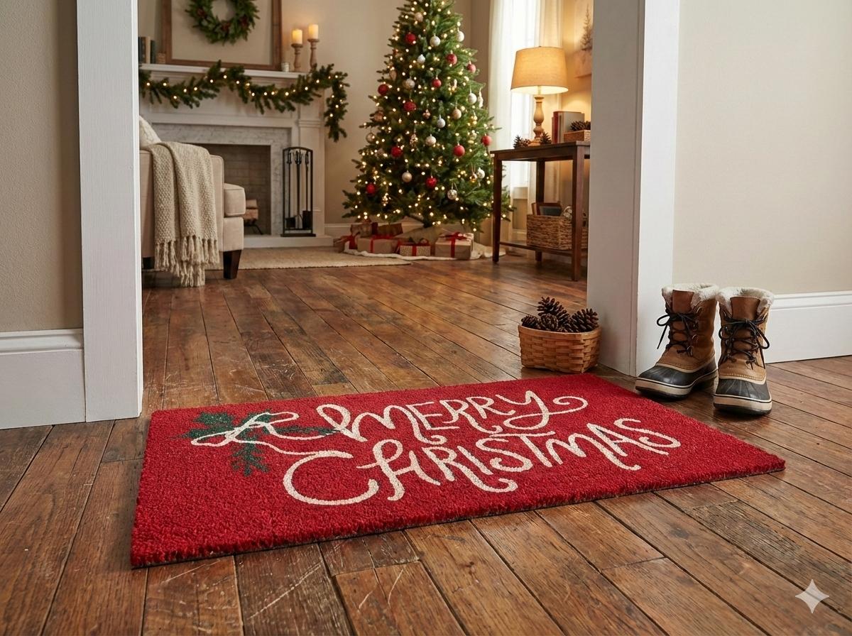Merry Christmas Festive Door Mat – Red Holiday Welcome Mat for Home Entrance - Main Product Image - Nushio