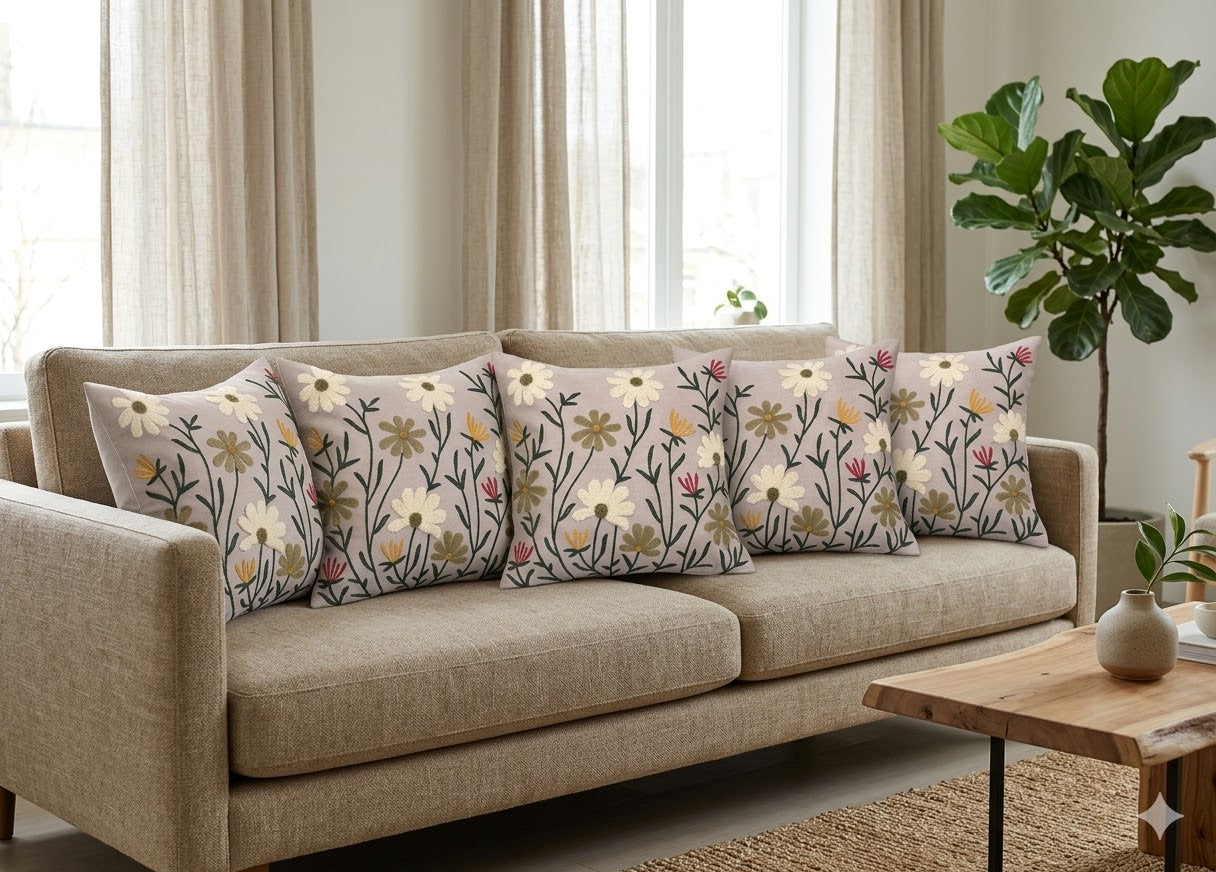 Floral Embroidered Cushion Cover Set (16x16 Inch) - Set of 5 - Main Product Image - Floral Embroidered - Nushio