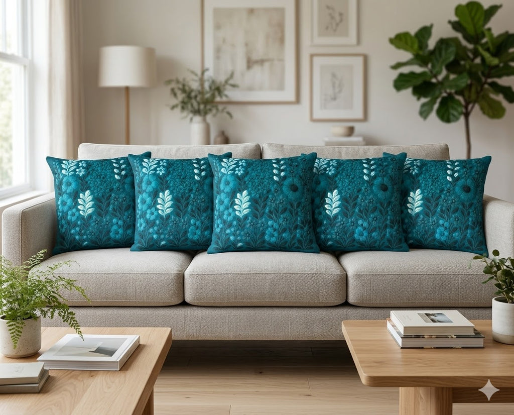 Teal Floral Printed Cushion Cover Set – 16x16 Inch (Set of 5)